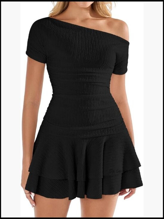 Dresses & Skirts - Off Shoulder Mini Dress with Ruffle Hem A-Line Fit Cocktail Party Dress